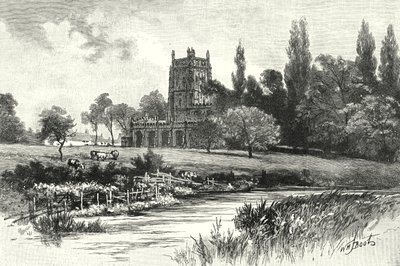 Fairford, från floden Colne (gravyr) av English School