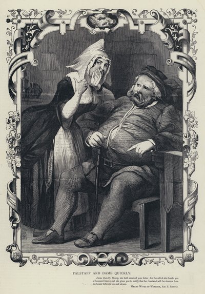 Falstaff och Dame Quickly, Muntra fruarna i Windsor, akt ii, scen 2 (gravyr) av English School