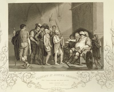 Falstaff på Justice Shallows, i Henry IV (del 2) akt III scen 2, av William Shakespeare (1564-1616) av English School