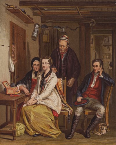 Familj hemma (färg litho) av English School