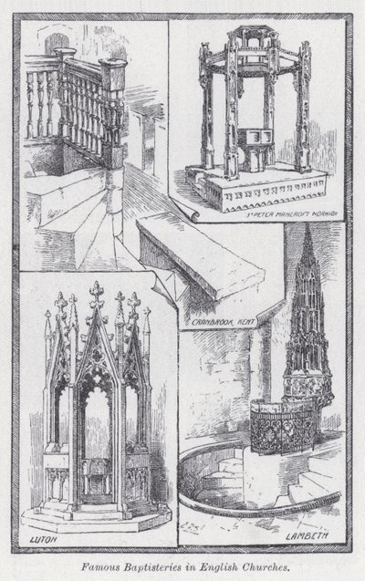 Berömda baptisterier i engelska kyrkor (litho) av English School