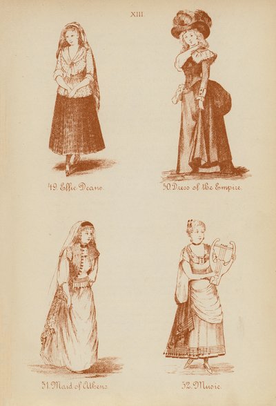 Maskeraddräkter: Effie Deane, Imperiets klänning, Atens jungfru, Musik (litografi) av English School