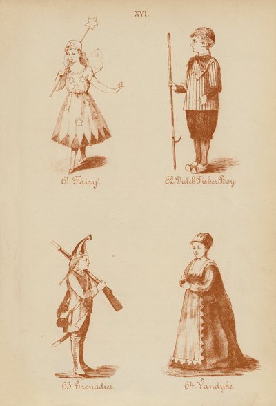 Utklädningsdräkter: Fe, holländsk fiskargosse, grenadjär, vandyke (litografi) av English School