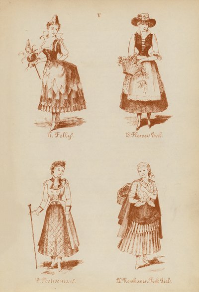 Maskeraddräkter: Folly, Flower Girl, Foolwoman, Newhaven Fish Girl (litografi) av English School