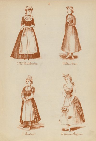 Utklädningsdräkter: Mrs Balchristie, blårock, breton, brevduva (litografi) av English School