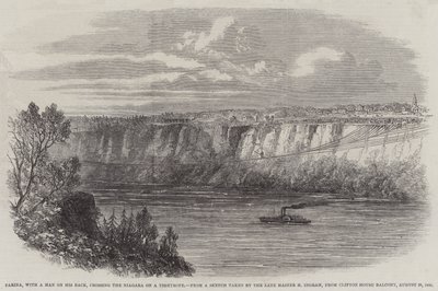 Farina, med en man på ryggen, korsar Niagara på en lina, från Clifton House Balcony, 29 augusti 1860 (gravyr) av English School