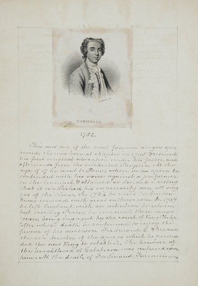 Farinelli, graverad av Henry Adlard (fl.1828-69), c.1830 (gravyr & penna och bläck på papper) av English School