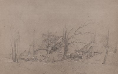 Gårdsbyggnader vid en flodstrand, ca 1840 av English School