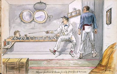 Fäst ordentligt från huvud till krona... - pastorn får en sjömansbehandling för sjösjuka, från Ye Pilgrimage of ye Revnd. Simpleheart, Adventures of a naiv Missionary in the South Seas, av English School