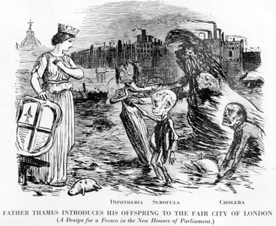 Fader Thames introducerar sin avkomma till Fair City of London, avkommorna är Diphtheria, Scrofula och Cholera. Mer ett öppet avlopp än en flod, den vidriga delstaten Themsen i London. av English School
