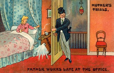 Pappa jobbar sent på kontoret (färg litho) av English School
