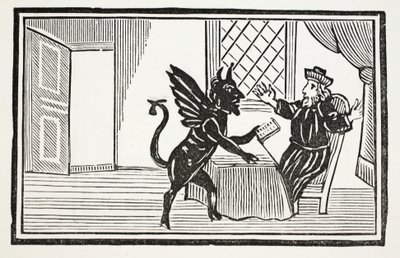 Faustus varnade av Anden att förvänta sig hans slut, illustration från Chap-books of the Eighteenth Century av John Ashton, pub. 1882 av English School