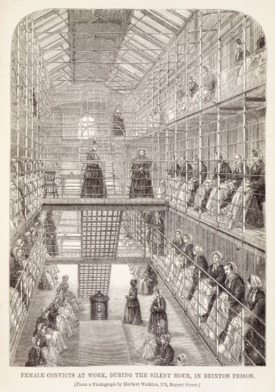 Kvinnliga straffångar på jobbet under den tysta timmen i Brixton Prison, från The Criminal Prisons of London och Scenes of Prison Life av Henry Mayhew (1812-87) och John Binny, 1860 av English School