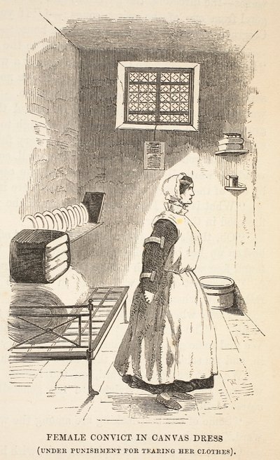 Kvinnlig dömd i tygklänning (straffad för att ha slitit sina kläder), illustration från The Criminal Prisons of London och Scenes from Prison Life av Henry Mayhew och John Binny, pub. 1862 (eng av English School