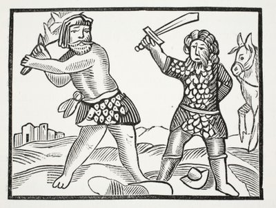 Ferragus reser en mäktig armé och belägrar staden Acquitain, illustration från Chap-books of the Eighteenth Century av John Ashton, pub. 1882 av English School