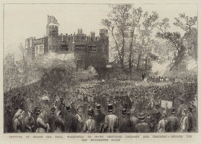Festival i Heath Old Hall, Wakefield, för sju tusen barn och lärare, sjunger den gamla hundrade psalmen (gravyr) av English School