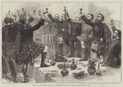 Festival of the Highland Society, the Health of the Duke of Rothsay, med Highland Honours (gravyr) av English School