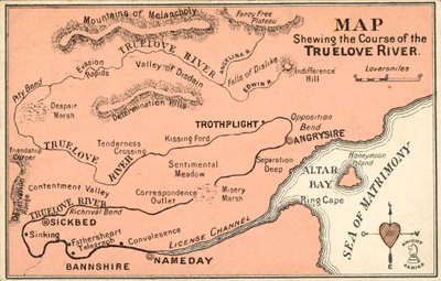 Fiktiv karta som kartlägger loppet av floden TrueLove (färg litho) av English School