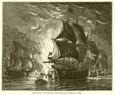 Eldskepp anfaller den spanska armadan, 1588 av English School