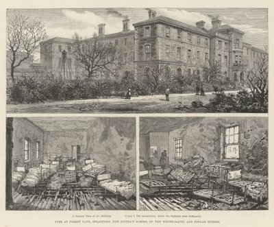 Brand vid Forest Gate, Stratford, District School of the Whitechapel och Poplar Unions (gravyr) av English School