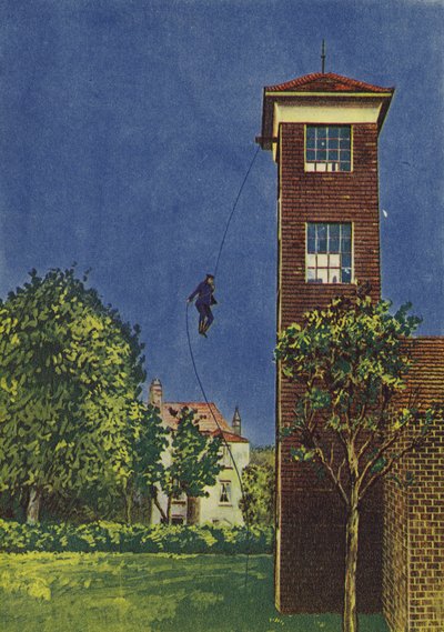 Brandman gör en droppe på sextio fot med hjälp av en enda linje (färg litho) av English School