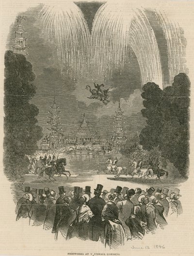 Fyrverkeri i Vauxhall Gardens, London av English School