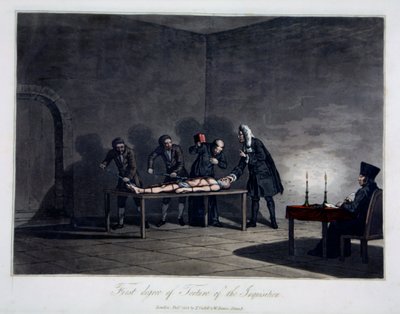 Första graden av tortyr av inkvisitionen, graverad av L.C. Stadler, pub. av Cadell & Davies, London, ca 1813 (färgad gravyr) av English School