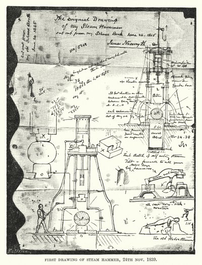 Första teckningen av Steam Hammer, 24 november 1839 (gravyr) av English School