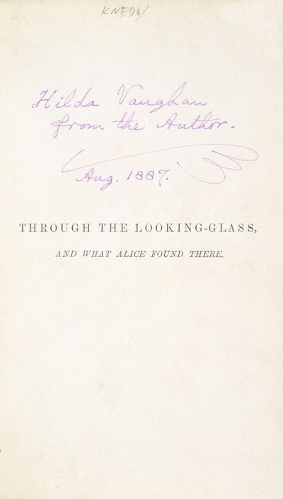 Första upplagan av Lewis Carrolls Alice Through the Looking Glass, med författarens inskription till Hilda Vaughn, 1887 av English School