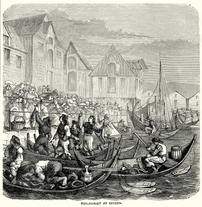 Fiskmarknaden i Bergen (gravyr) av English School