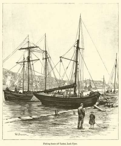 Fiskebåtar utanför Tarbet, Loch Fyne (gravyr) av English School