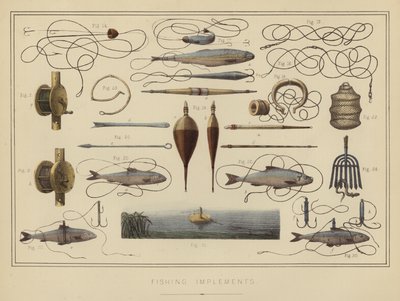 Fiskeredskap (litho i färg) av English School