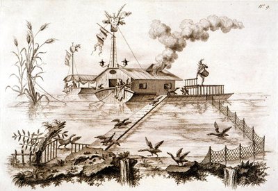 Fiska med skarvar med en vattenbåt och inhägnad inhägnad, illustration från 