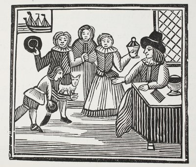 Fitzwarren tar emot sina tjänares satsningar, illustration från Chap-books of the Eighteenth Century av John Ashton, pub. 1882 av English School