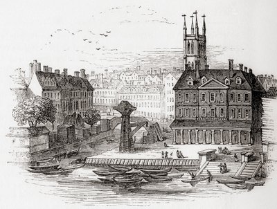 Fleet Ditch, London, England 1749 vid den punkt där den sprang in i Themsen vid Bridewell, från Old England: A Pictorial Museum, pub. 1847 av English School