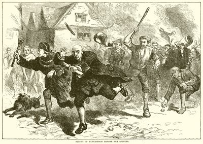 Flight of Hutchinson före Rioters av English School