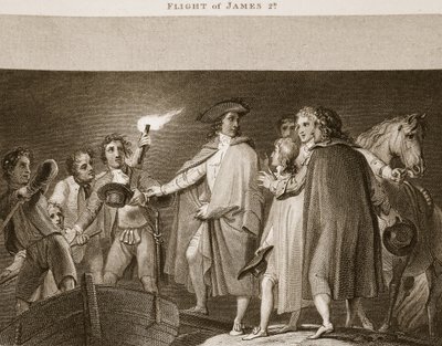 Flight of James 2nd, illustration från David Humes The History of England, pub. av R. Bowyer, London, 1812 av English School