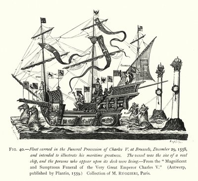 Float buren i Karl V:s begravningsprocession i Bryssel den 29 december 1558 och avsedd att illustrera hans maritima storhet (gravyr) av English School