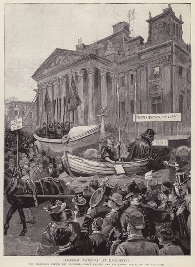Float samlar in pengar till Royal National Lifeboat Institution som passerar börsen i Manchester av English School