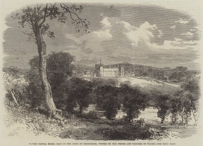 Floors Castle, Kelso, säte för hertigen av Roxburghe, besökt av prinsen och prinsessan av Wales (gravyr) av English School