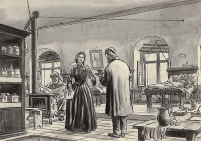 Florence Nightingale arbetar på sjukhuset i Scutari (gouache på papper) av English School