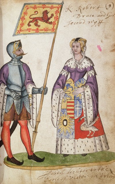 Fol.9 Robert the Bruce och hans andra fru, Elizabeth de Burgh, från Seton Armorial, 1591 av English School