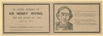 Vikbart kort som noterar bortgången av Sir Henry Irving, skådespelare, som dog den 13 oktober 1905 av English School