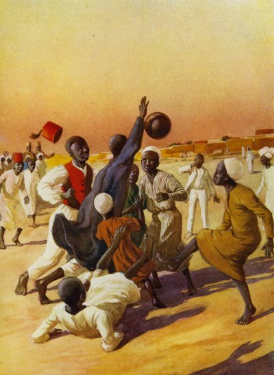 Fotboll i Sudan (färg litho) av English School