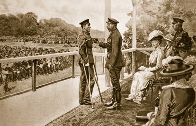 För tapperhet: Kung George dekorerar menig Thomas Hughes, från Connaught Rangers, med V.C., i Hyde Park, 2 juni 1917, 1914-19 av English School