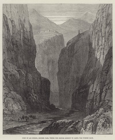 Fort of Ali Masjid, Khyber Pass, där den brittiska beskickningen till Kabul vändes tillbaka (gravyr) av English School