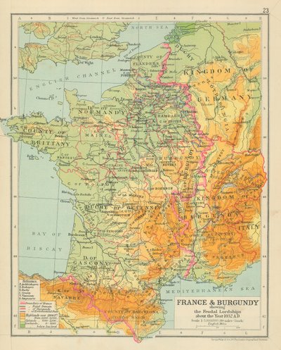 Frankrike och Bourgogne med feodalherrskapen omkring år 1032 e.Kr. (färglitografi) av English School