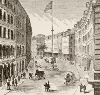 Franklin Street, Boston, Massachusetts på 1870-talet (litho) av English School