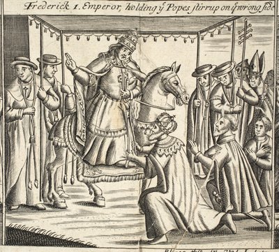 Frederick I, kejsare, håller ye Popes stigbygel på ye fel sida, illustration från Acts and Monuments av John Foxe, nionde upplagan, pub. 1684 av English School