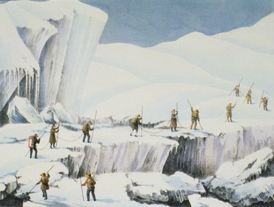 Frekvent uppkomst av isen med broar av snö, från A Narrative of an Ascent to the Summit of Mont Blanc av Charles Fellows (1799-1860), publicerad 1827 av English School